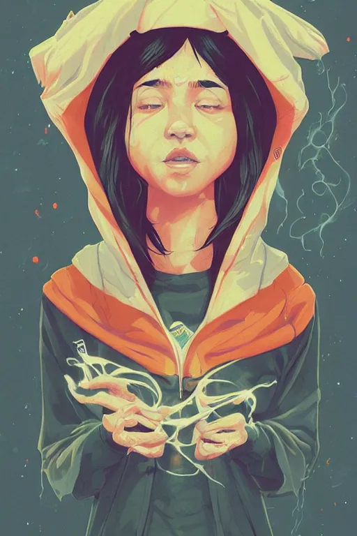 Image similar to portrait of a witch fire with hoodie by Sachin Teng and wlop