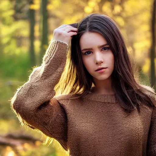 Image similar to real life photo of a beautiful girl, full body photoshoot, long brown hair, brown eyes, full round face, short smile, belly free, brown sweater, forest setting, cinematic lightning, medium shot, mid - shot, highly detailed, trending on artstation, unreal engine 4 k, 8 0 mm, 8 5 mm, cinematic wallpaper