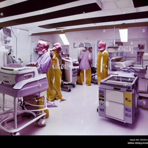 Prompt: high quality documentary film still of an intensive care station in willy wonka's factory. happy human patient is getting treatment for the oompa loompa virus. all medical equipment is made out of magic candy. pastel hospital lighting. hospital is made out of wonka factory magic candy