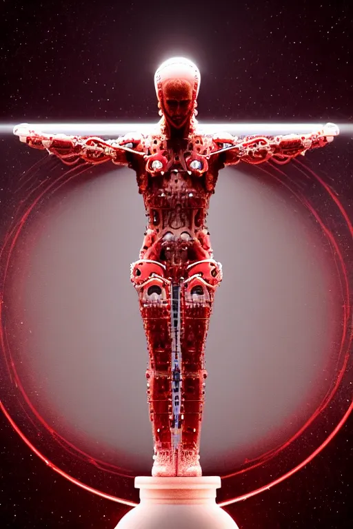 Image similar to a statue jesus on cross made of red marble, perfect symmetrical body, full body shot, white biomechanical, wearing epic bionic cyborg implants, space station, masterpiece, intricate, biopunk, vogue, highly detailed, artstation, concept art, background galaxy, cyberpunk, octane render