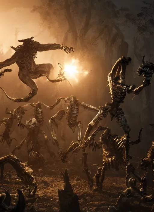 Image similar to werewolf fighting an endless army of skeletons, ultra detailed fantasy, elden ring, realistic, dnd, rpg, game design concept art, behance hd, artstation, deviantart, global illumination radiating a glowing aura global illumination ray tracing hdr render in unreal engine 5