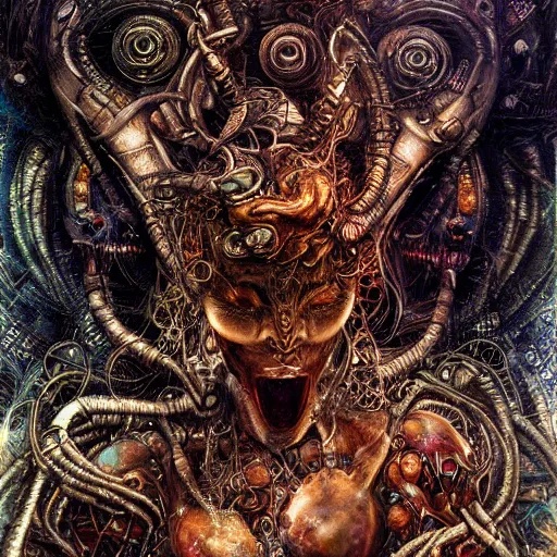 Image similar to cybernetic demon dreaming, lsd, circuitry, intricate detail, royo, whealan, giger, klimt, hd,