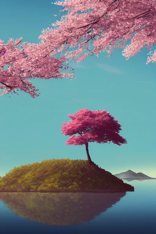 Image similar to a single alone sakura tree growing upon an island in a lake, viewed from a distance, mountains, cherry blossoms, illustration, light beams, simple, minimalist, digital art, oil painting, fantasy, 8 k, trending on artstation, detailed