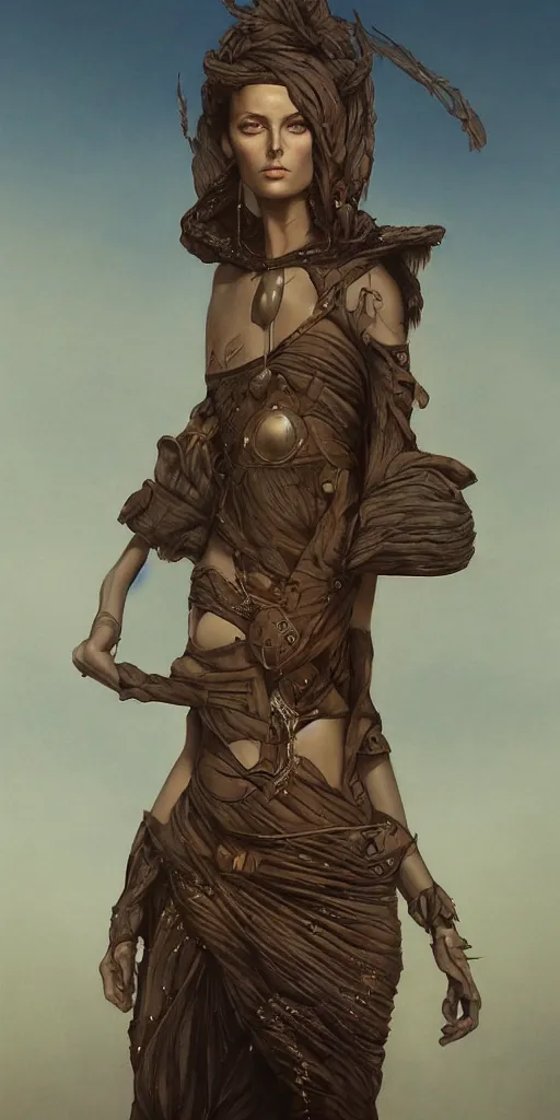 Prompt: a stunning hyperrealistic character from the movie Dune walking through an arid minimalistic desert with harsh noon sunlight with an oasis in the background, award-winning, masterpiece, in the style of Tom Bagshaw, Cedric Peyravernay, Peter Mohrbacher