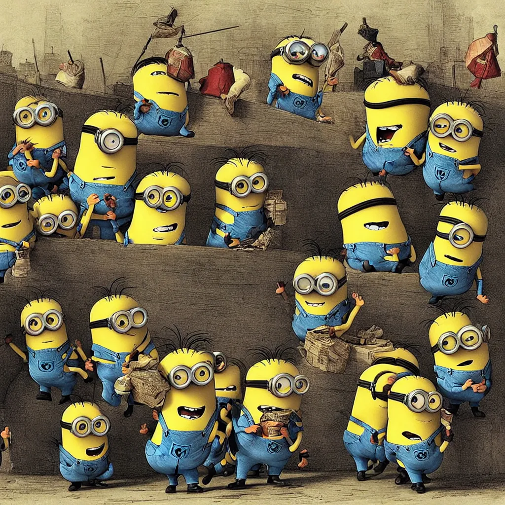 Prompt: the minions observe a guillotine during the french revolution