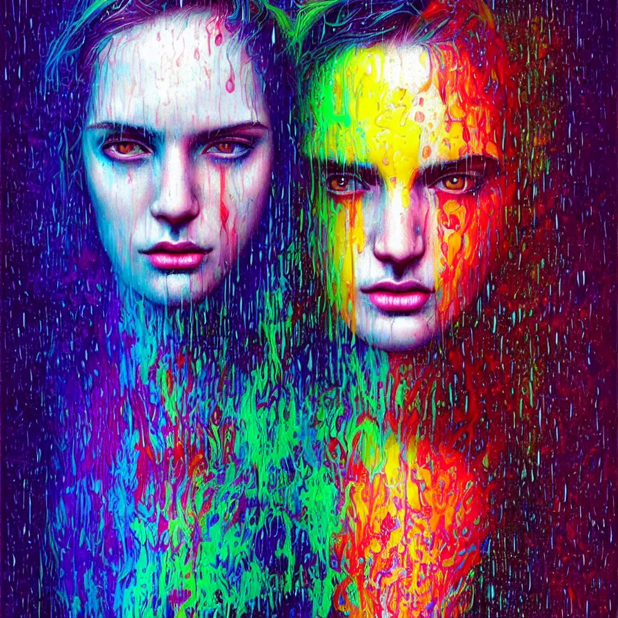 Image similar to bright asthetic portrait of LSD in rain with wet hair and one face, liquid, fantasy, intricate, elegant, dramatic lighting, highly detailed, lifelike, photorealistic, digital painting, artstation, illustration, concept art, smooth, sharp focus, art by John Collier and Albert Aublet and Krenz Cushart and Artem Demura and Alphonse Mucha