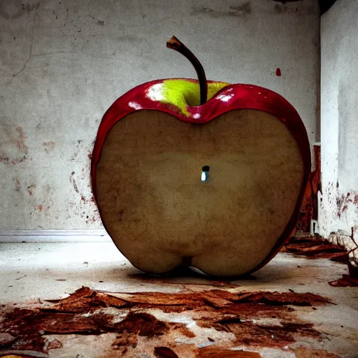 Prompt: a giant rotten apple floating in an abandoned room