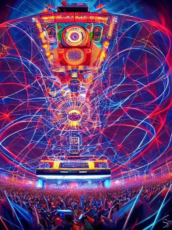 Image similar to symmetry!! dj plays big music at the biggest festivals in the world to a huge crowd with lots of blaring lights in the spirit of god, intricate, elegant, highly detailed, digital painting, artstation, concept art, smooth, sharp focus, illustration, by cgsociety and stefan kostic and stanley lau and artgerm, gorgeous, elegant