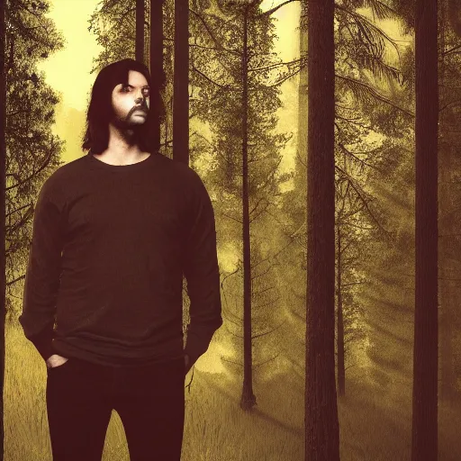 Image similar to a long, dark haired man, 2 8 years old, five o'clock shadow casually dressed, cinematic, gloomy forest background, realistic, digital art, character art, 8 k