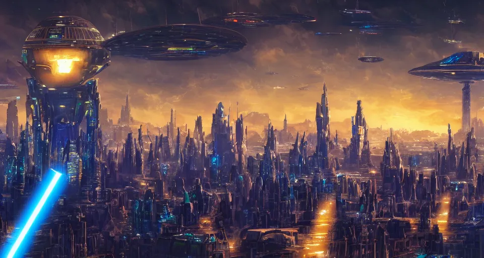 Image similar to a giant, futuristic city where everything is off the ground and is colored blue and gold, in the style of a star wars city, computer wallpaper