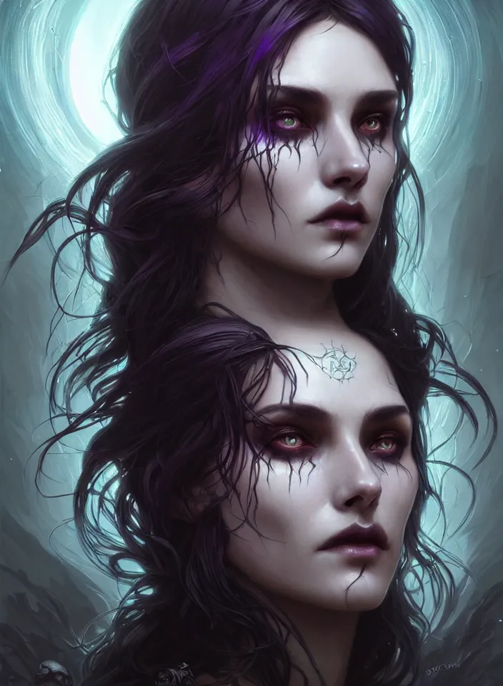 Image similar to Necromancer Sorceress face close-up macro in center, fantasy magic, undercut hairstyle, dark light night, intricate, elegant, sharp focus, illustration, highly detailed, digital painting, concept art, matte, art by WLOP and Artgerm and Greg Rutkowski and Alphonse Mucha, masterpiece