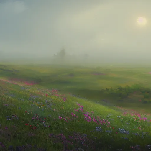 Image similar to a matte painting of a european prairie, cottage town, foggy, patchy flowers, oil painting, pale colors, high detail, 8 k, wide angle, trending on artstation,