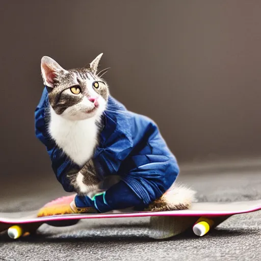 Prompt: cat with hoodie riding a skateboard, 4k realistic photo