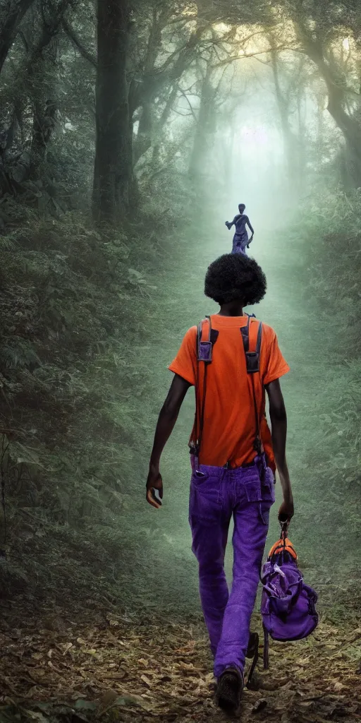 Prompt: black boy with purple afro and orange overalls, walking in a forrest, moody , lovecraft, giger, ridley scott, zack snyder, Fenghua Zhong, realistic cinematic lighting, establishing action shot, ultra detailed, hyper realism, photo, octane render