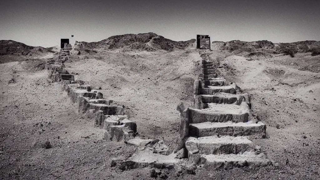 Prompt: concrete stairs going nowhere in the middle of a desert, surrealism photography by Sarolta Bán