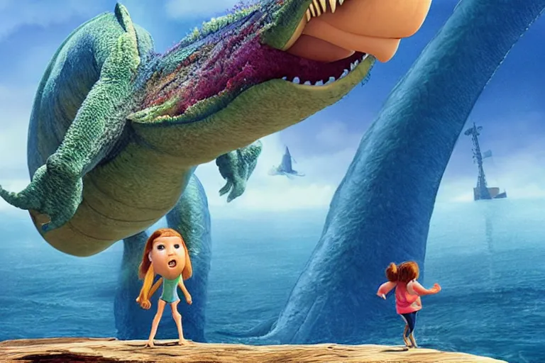 Prompt: A girl rides atop a monstrous leviathan, still from a Pixar movie