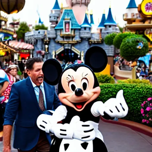 Image similar to mickey mouse gangster attacking tourist in disneyland