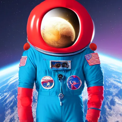 Prompt: a red suit astronaut shaped like a bean with a blue visor render nano cyber 4 k