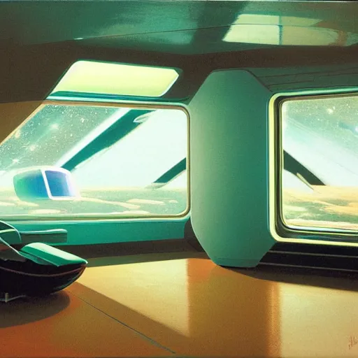 Image similar to Cozy interior of a spaceship, teal lighting, cozy lighting, space seen outside from a window, by Syd Mead, John Harris, Federico Pelat