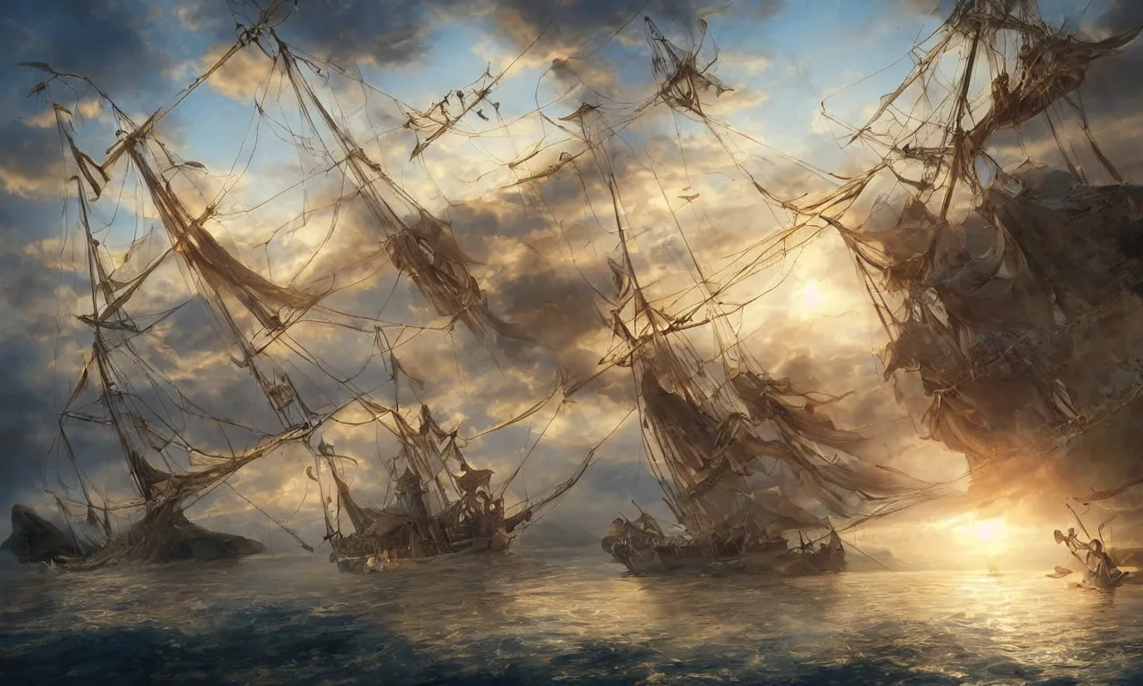 Image similar to a beautiful digital painting of peter pan sword fighting with hook, disney, a white caravel flying in the clouds, birds in the sunlight, numerous golden ropes and intricated sails, blue sky at sunset, elegant, highly detailed, artstation, concept art, matte, sharp focus, art by tom bagshaw, kelogsloops and greg rutkowski