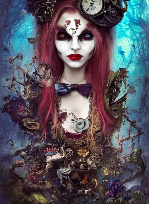 Prompt: alice in wonderland, angry, scary, cheeky, steampunk googles, highly detailed, cinematic, 8 k, by megan duncanson, benjamin lacombe, adrian borda, stanley artgermm, tom bagshaw, craig mullins, carne griffiths, ayami kojima, beksinski, giger, trending on deviantart, hyper detailed, horror, full of colour