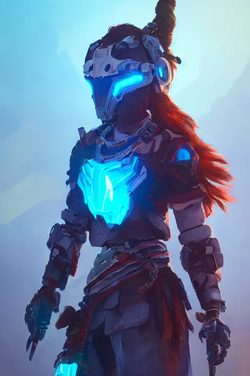 Image similar to combination suit armor aloy horizon forbidden west horizon zero dawn radiating a glowing aura global illumination ray tracing hdr fanart arstation by ian pesty and alena aenami artworks in 4 k tribal robot ninja mask helmet backpack