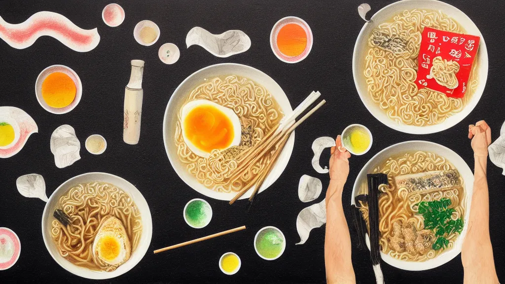 Image similar to an bowl of ramen, japan, a collage painting, in the style of wes anderson, lola dupre, david hockney, isolated on negative white space background dark monochrome neon spraypaint accents volumetric octane render