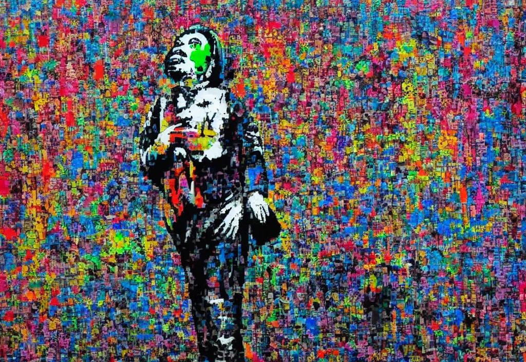 Image similar to full color banksy graffiti with statement of ai art is not art, detailed, realistic, ai weiwei, glitch art effect