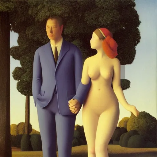 Image similar to an evening stroll with a man and his lady by Raphael, Hopper, and Rene Magritte. detailed, romantic, enchanting, trending on artstation.