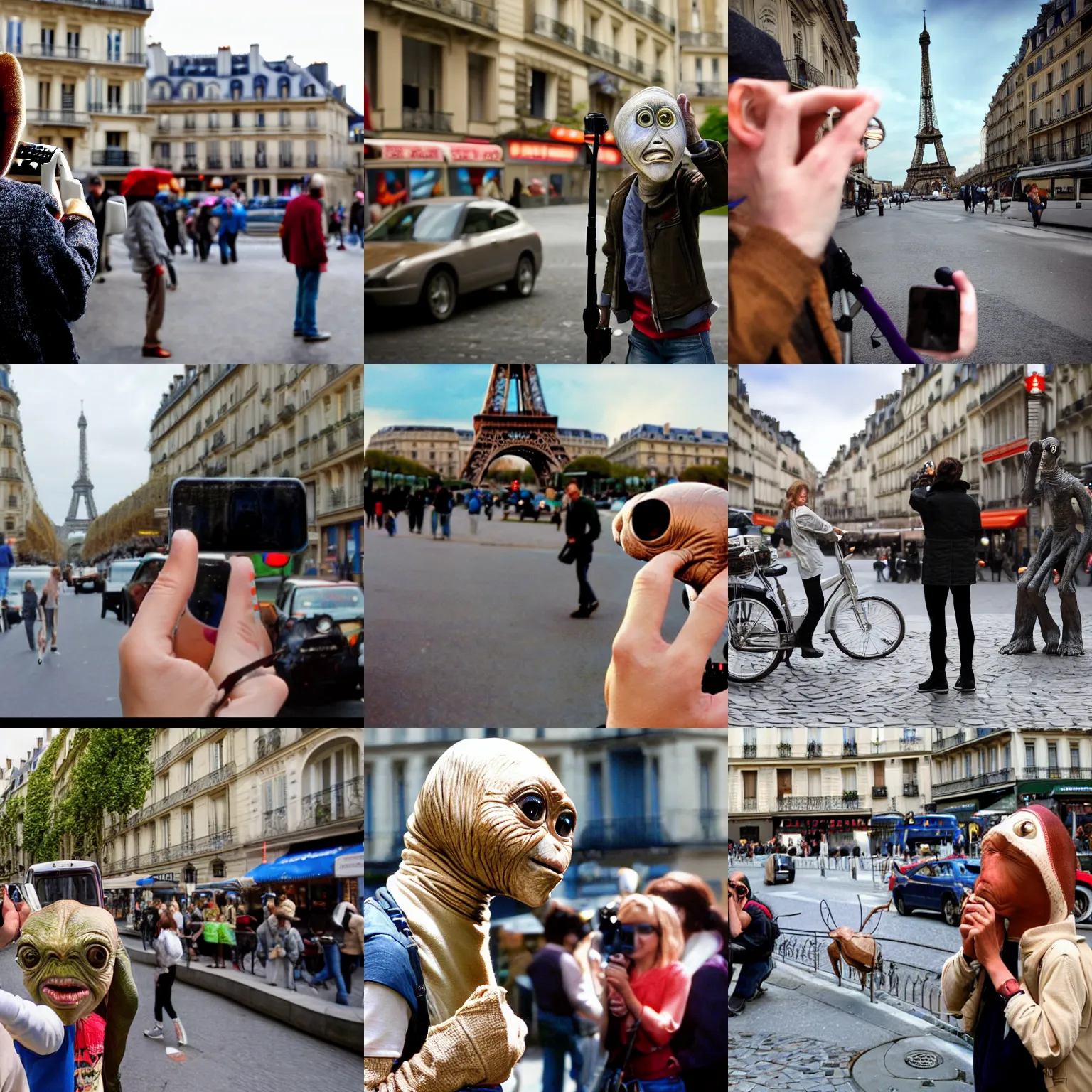 Prompt: e. t. ( from the steven spielberg film ) phoning home, photo bombing tourists in paris, photorealistic, ultrarealistic, sharp focus, wide angle