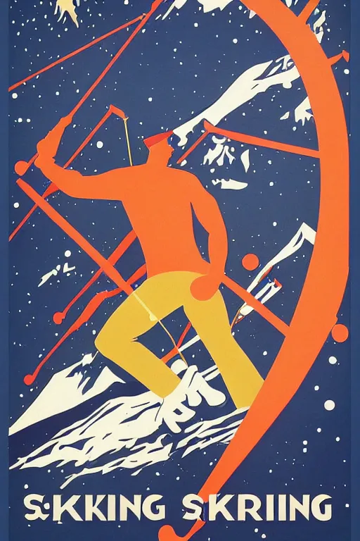 Prompt: vintage travel poster | skiing | snowy | gay, shirtless, homoerotic | art deco, art nouveau | trending on artstation