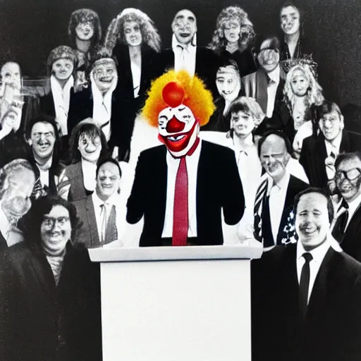 Image similar to photo of an 8 0's television with a president that has a clown face giving a speech