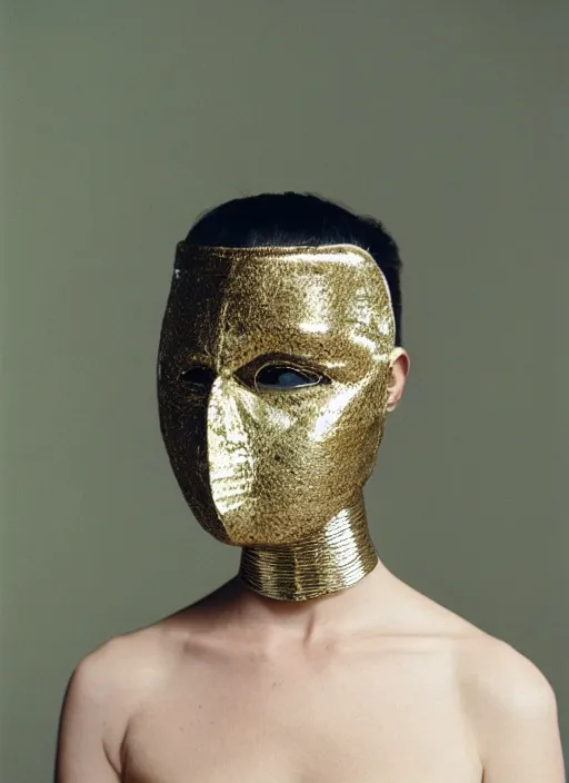 Image similar to a fashion portrait photograph of a woman wearing a metal mask designed by balenciaga, 3 5 mm, color film camera,