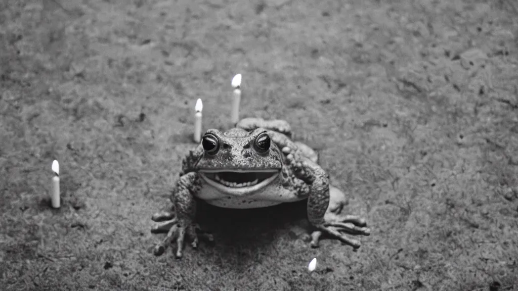 Prompt: a toad with sharp teeth grinning maniacally, a satanic ritual with candles and a pentagram, movie screenshot directed by Roman Polanski. Shot from a high angle. Cinematic. 24mm lens, 35mm film, Fujifilm Reala, f8