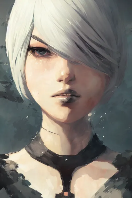 Image similar to a ultradetailed beautiful portrait panting of 2 b from nier automata, by conrad roset, greg rutkowski and makoto shinkai trending on artstation