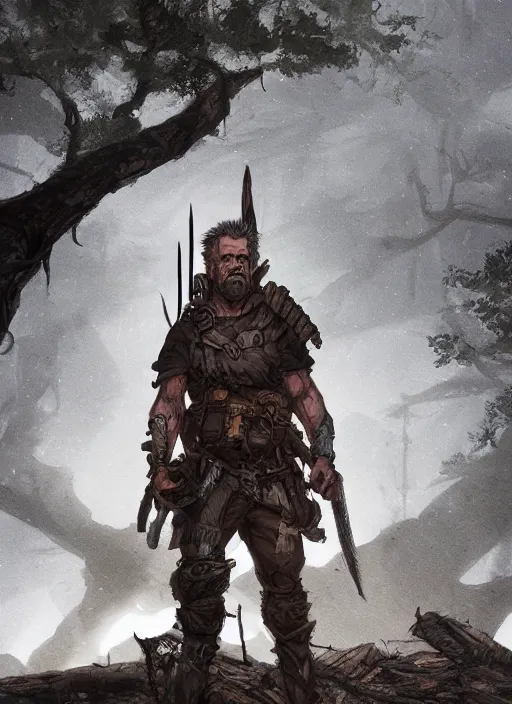 Prompt: A grimdark comic book style portrait painting of Mel Gibson as a post apocalyptic warrior survivalist in a atmospheric dark bombarded landscape with large dead trees, unreal 5, DAZ, hyperrealistic, octane render, RPG portrait, ambient light, dynamic lighting