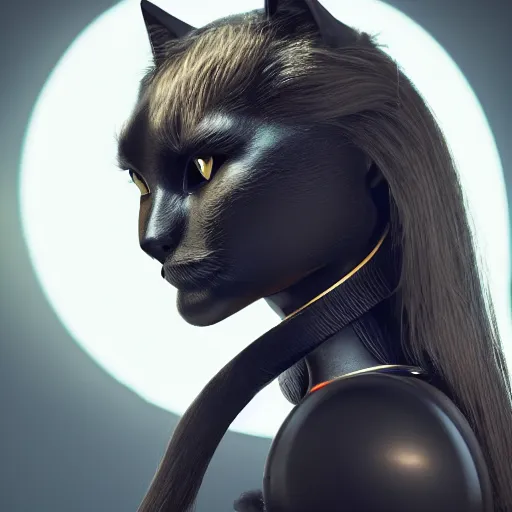 Prompt: A black cat on the shoulder of a robot Witch. beautiful professional close up, centered portrait photograph.. octane render, extremely detailed, cinematic lighting, 8k, cinematic movie photograph, closeup portrait, cgsociety, award-winning art, excellent composition, by Andree Wallins.