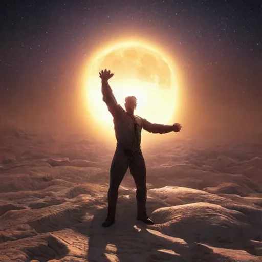 Image similar to the image of a man with outstretched arms between the moon and the sun and a thousand stars ultra realistic, concept art, intricate details, serious, highly detailed, photorealistic, octane render, 8 k, unreal engine, art by todd mcfarlane and artgerm and greg rutkowski and alphonse mucha