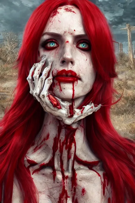 Image similar to woman skeleton covered with blood, jessica nigri face!!!, long red hair, ultra realistic, concept art, intricate details, highly detailed, photorealistic, octane render, 8 k, unreal engine. retro film still, heavy grain, 3 5 mm, art by artgerm and greg rutkowski and alphonse mucha