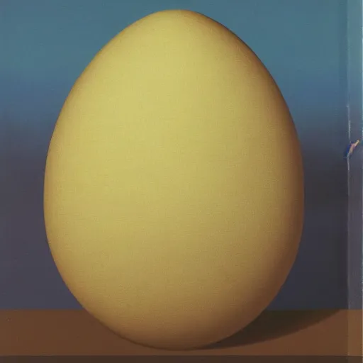 Prompt: a patterned egg againt a plain background by rene magritte