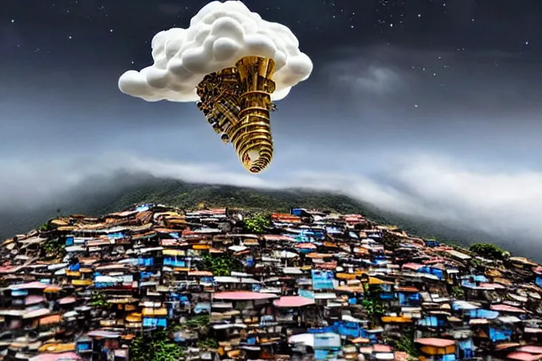 Image similar to favela tuba cloud sculpture, art nouveau environment, sunny, milky way, award winning art, epic dreamlike fantasy landscape, ultra realistic,