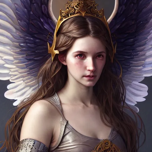 Image similar to portrait of young aasimar angel girl maiden wearing comfy leather armor with beautiful feathered angel wings, brown eyes, by artgerm and greg rutkowski and alphonse mucha and andrei riabovitchev and Rossdraws and Bluesssatan and Mandy Jurgens and Stjepan Sejic, 4k oil on linen, vivid colors, colorful, photorealistic, high dynamic range, HDR, intricate, elegant, highly detailed, digital painting, artstation, concept art, smooth, sharp focus, illustration, mid-shot, medium shot, hyperdetailed