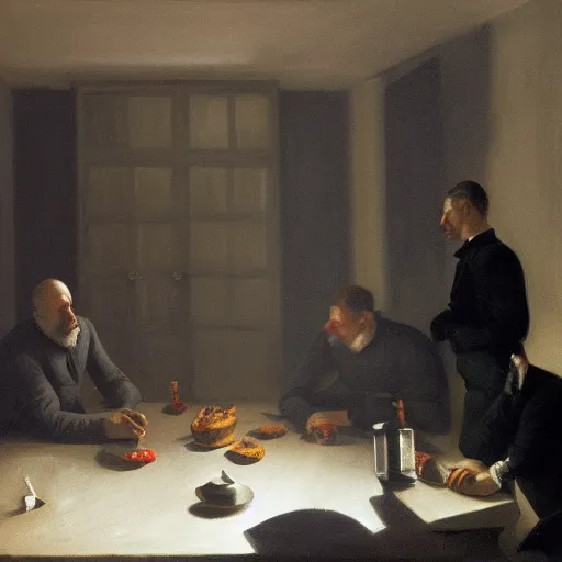 Image similar to covert shadow figures of men in a dark room with a chequered floor conversing around a table in secrecy, moody and atmospheric, dramatic scene, dimly lit room, cgsociety, 8k resolution, trending on artstation, octane render by Quint Buchholz, Pieter Claesz and edward hopper