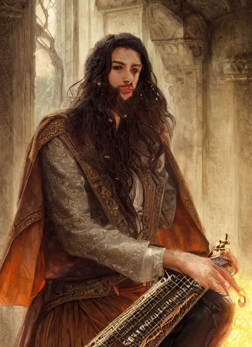 Image similar to realistic portrait painting of a male fantasy bard, old mystic ruins, afternoon, intricate, elegant, highly detailed, digital painting, sharp, focus, by artgerm and greg rutkowski