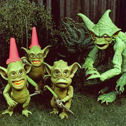 Image similar to autochrome photo of vintage disgusting brown Boglins, plastic goblin monster toys in a backyard garden, kaiju, oni, realistic