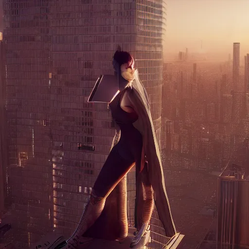 Prompt: portrait of a young cyberpunk woman on top of a building overlooking a city, a view from behind, intricate artwork by tooth wu and wlop and beeple, octane render, hyper realism, 8 k