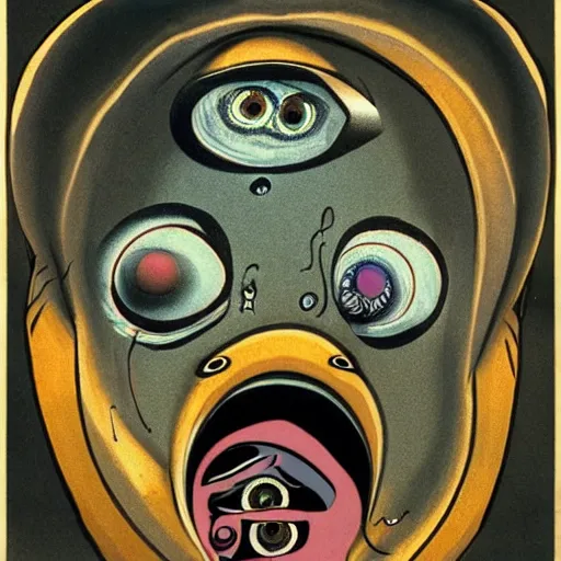 Image similar to depraved and insane man with spiral eyes and tvs with eyes on the screen all around in the style of herbert ploberger and nainoa rosehill