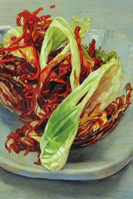 Image similar to kimchi, korean spicy fermented cabbage, by jerry pinkney