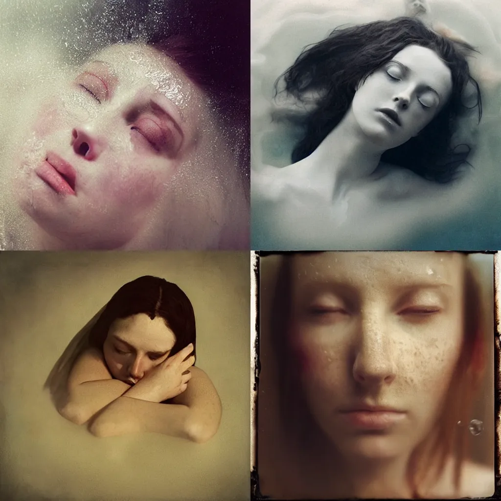 Prompt: photography by anka zhuravleva and ary scheffer of a woman's face submerged in milkbath. closed eyes. kodak. hq. ethereal.