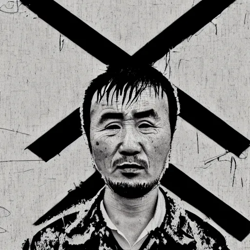 Image similar to a uyghur man in a prison, in the style of daniel johnston and outsider art, 4k, overlaid with chinese text